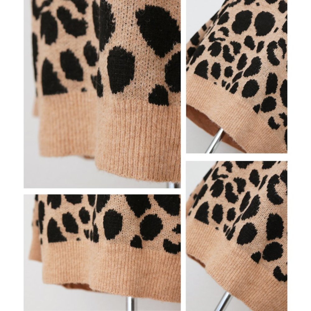 Camel Beige Leopard Crewneck Oversize Cozy Sweater - Picture 5 of 8